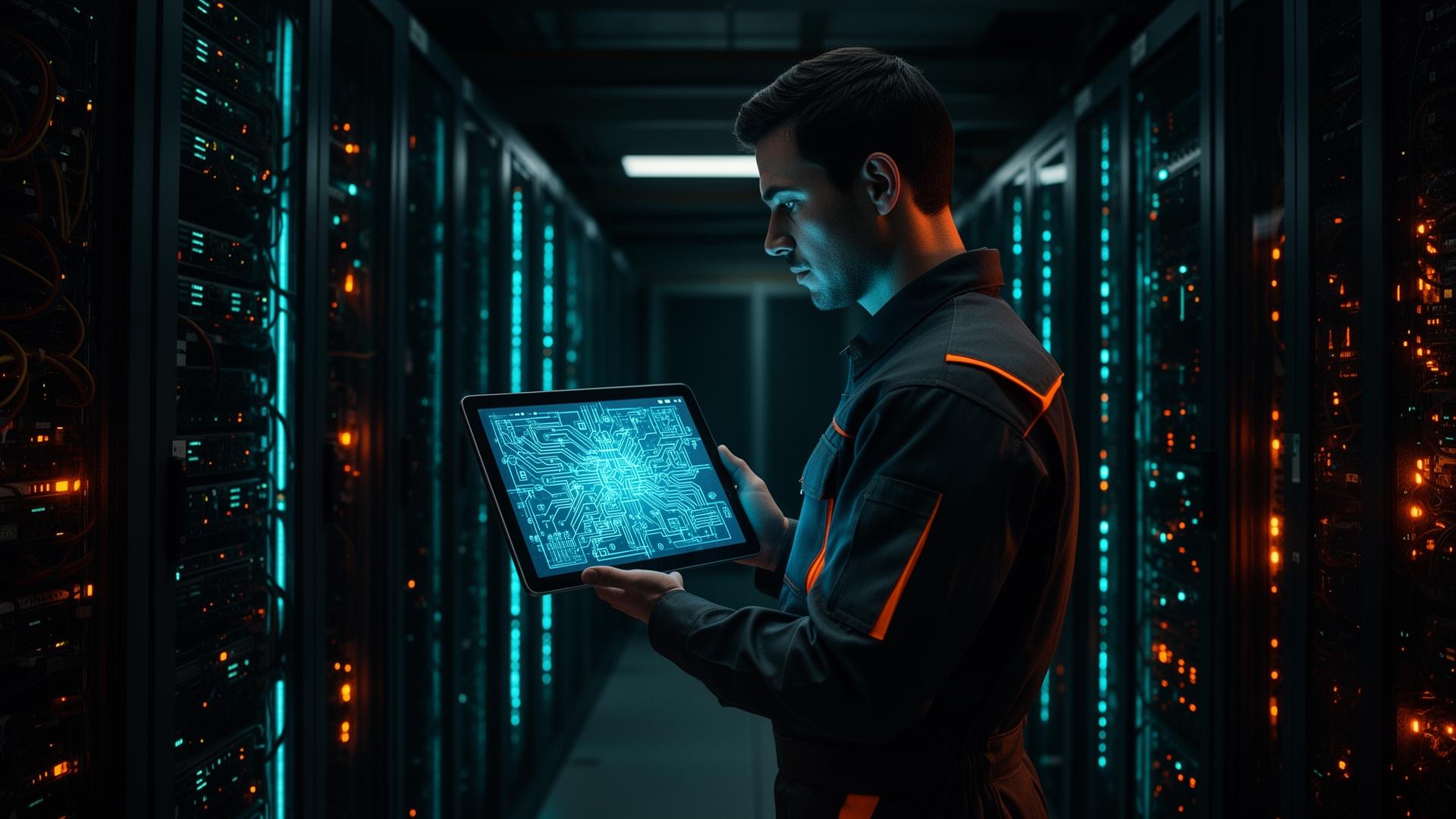 Electrician inside a data center holding an AI tablet